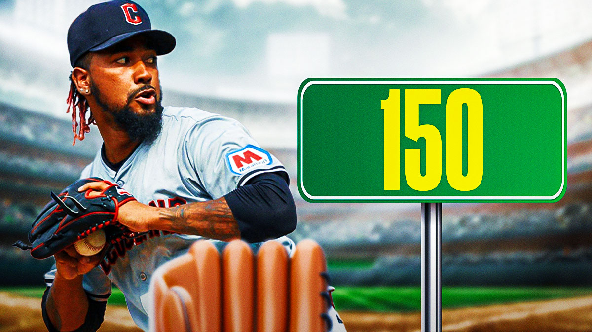 Emmanuel Clase pitching in a Cleveland Guardians uniform with the number 150 in the corner as the Guardians closer Clase set the franchise saves record with his 150th save - a cleveland record and Clase record.