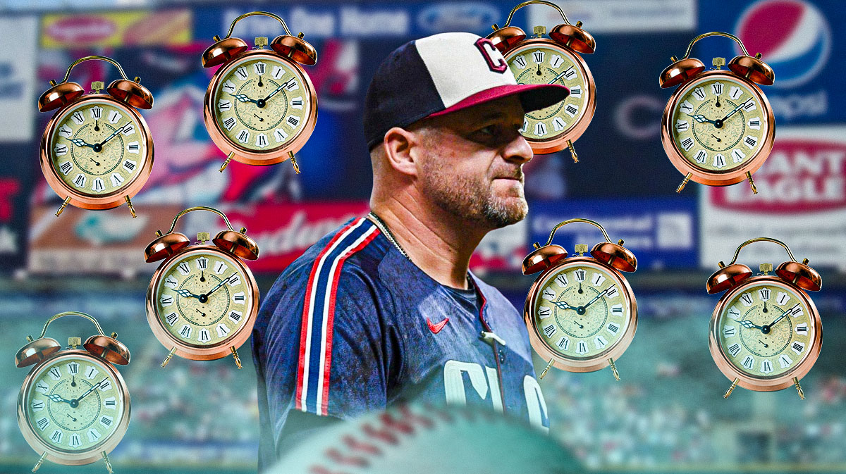 Guardians Stephen Vogt at Progressive Field surrounded by clocks