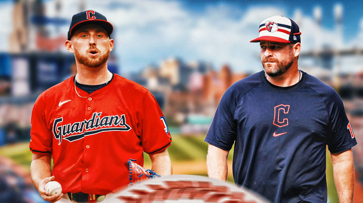 Guardians Tanner Bibee next to Stephen Vogt at Progressive Field