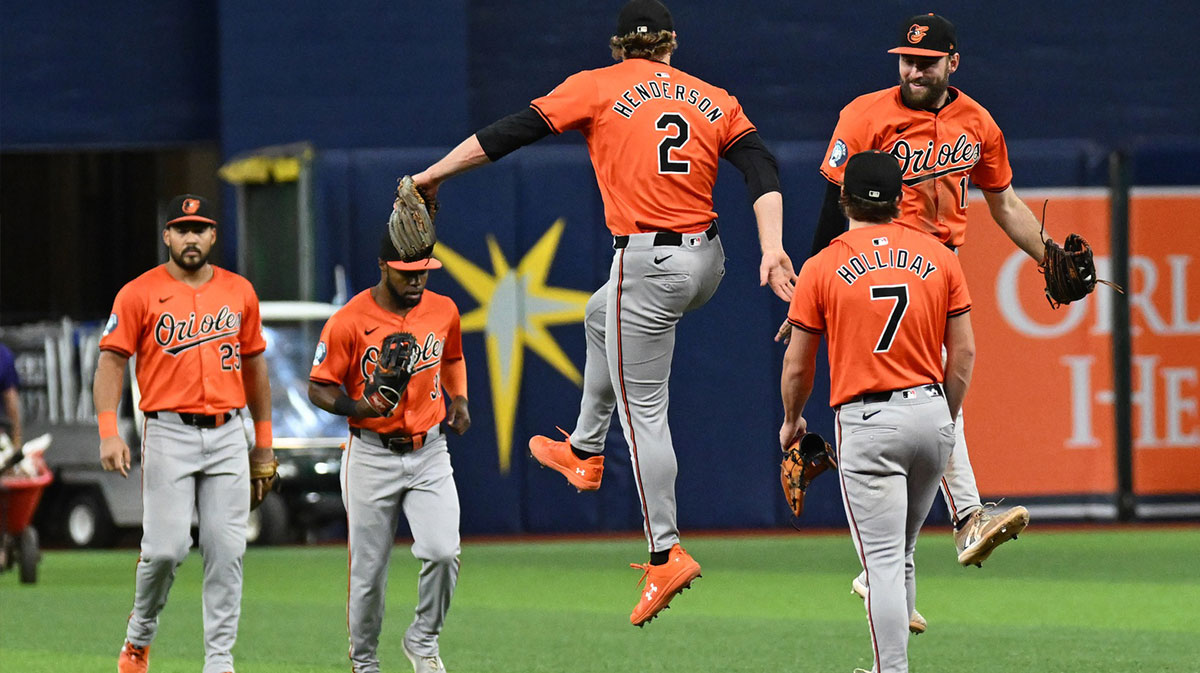 Baltimore Orioles shortstop Gunnar Henderson (2) and left fielder Colt Cowser (17) celebrate after defeating Tampa Bay Rays at Tropicana Field.