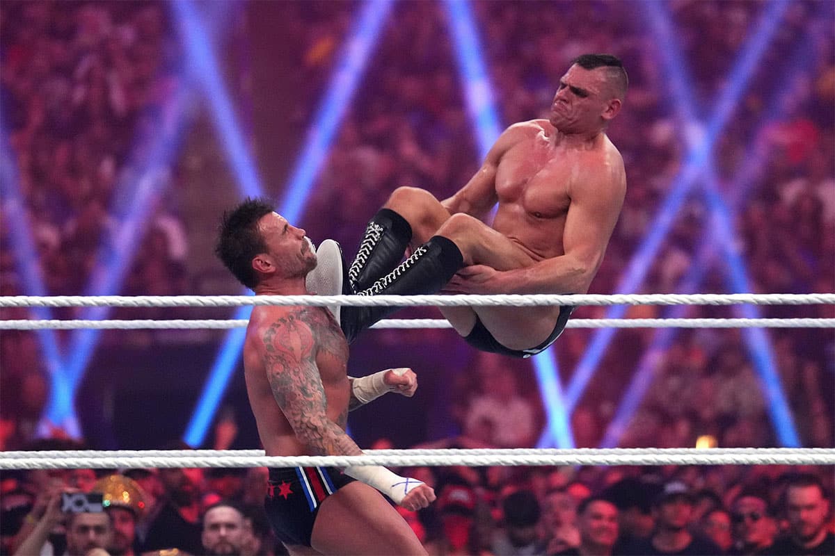 Gunther dropkicking CM Punk during Royal Rumble on January 27, 2024.