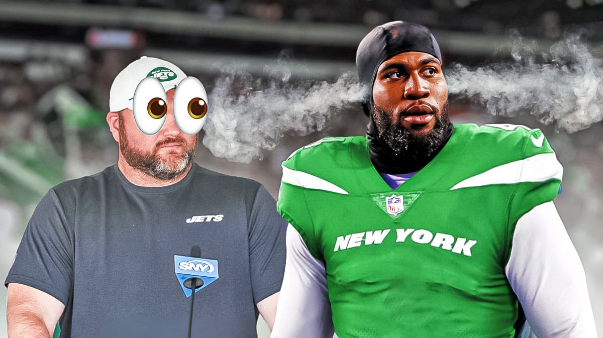 Jets GM Joe Douglas with eyeball emojis for eyes looking at Haason Reddick in a Jets jersey looking mad with steam coming out of his ears