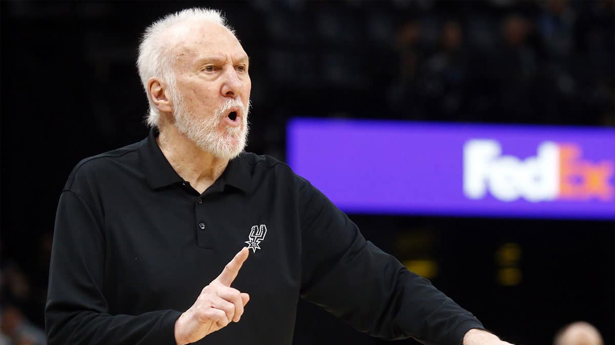 Apr 9, 2024; Memphis, Tennessee, USA; San Antonio Spurs head coach Gregg Popovich reacts during the second half against the Memphis Grizzlies at FedExForum.