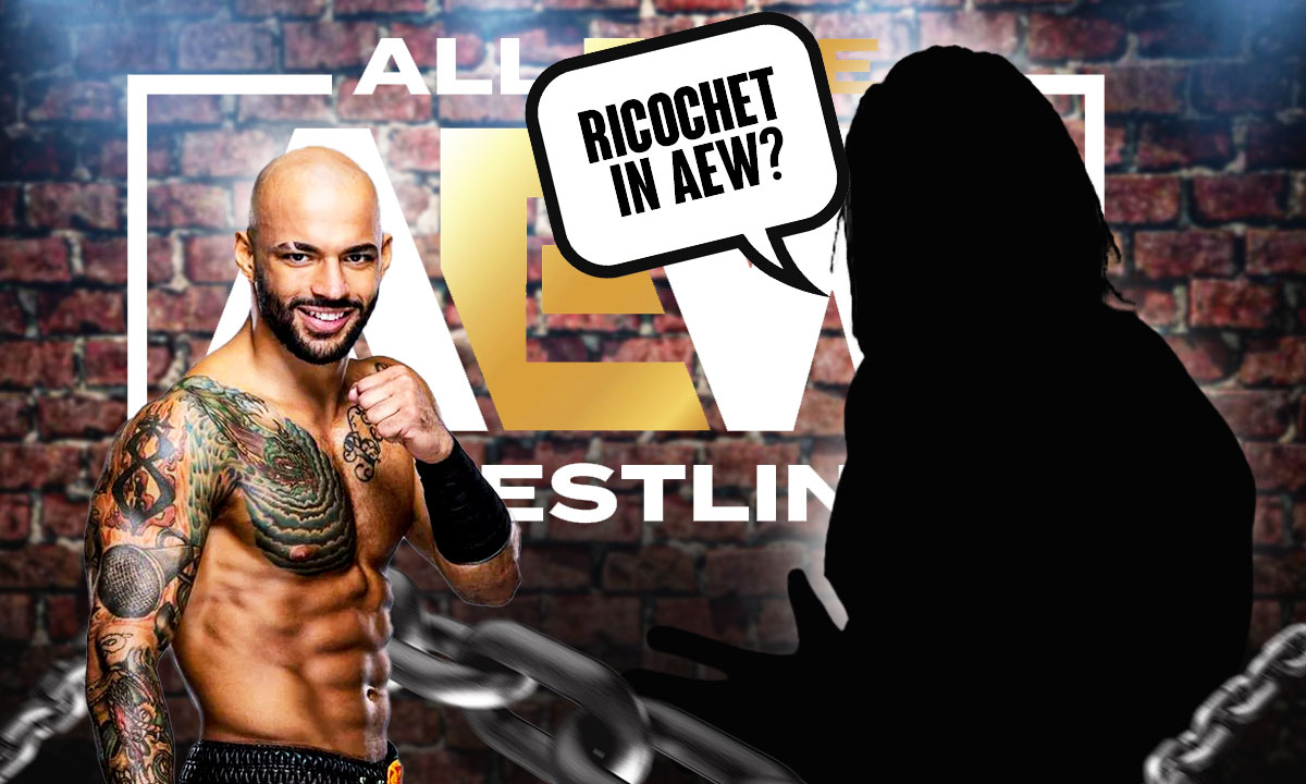 The blacked-out silhouette of Booker T with a text bubble reading "Ricochet in AEW?" next to Ricochet, with the AEW logo as the background.