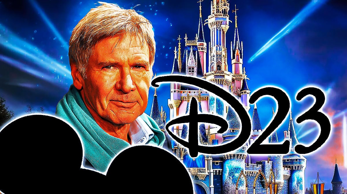 Harrison Ford with D23 logo and Magic Kingdom castle from Disney World in background.