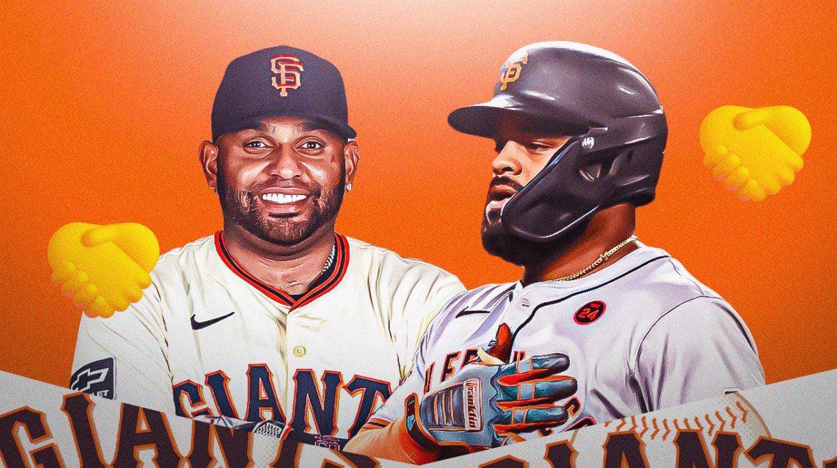 Giants Heliot Ramos next to Giants Pablo Sandoval with the handshake emoji