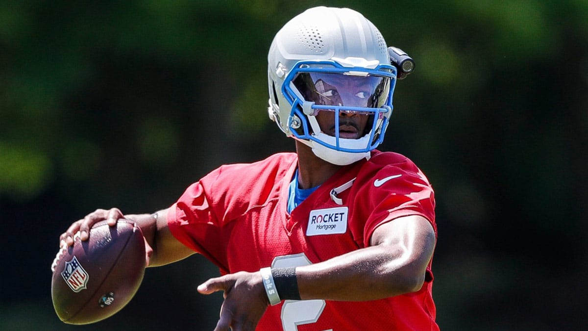 Detroit Lions quarterback Hendon Hooker (2) practices during OTAs at Detroit Lions headquarters and practice facility in Allen Park