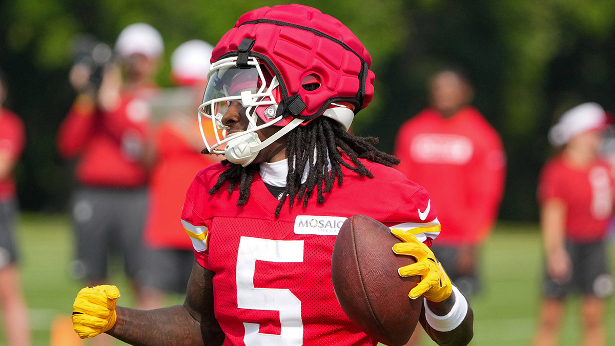 Kansas City Chiefs wide receiver Marquise (Hollywood) Brown (5) celebrates after catching a pass during training camp at Missouri Western State University. 