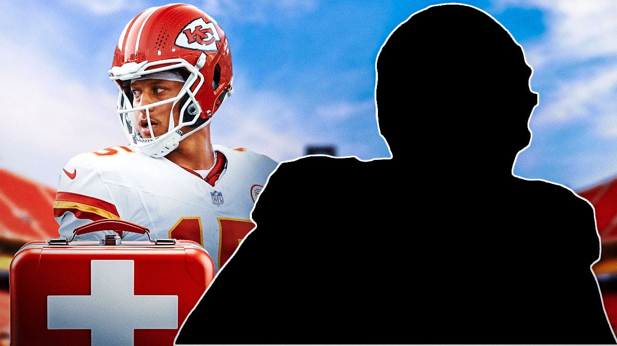 Jawaan Taylor as a silhouette, first aid kit near him. Patrick Mahomes