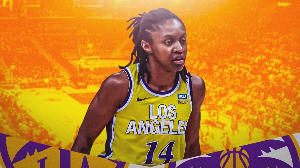 Thumb: LA Sparks player Crystal Dangerfield in her LA Sparks jersey with the LA Sparks arena in the background, WNBA