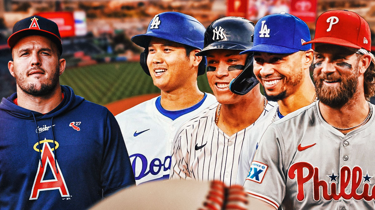 Angels Mike Trout by himself on left looking serious. On right, need Dodgers Shohei Ohtani, Yankees Aaron Judge, Dodgers Mookie Betts and Phillies Bryce Harper all smiling.