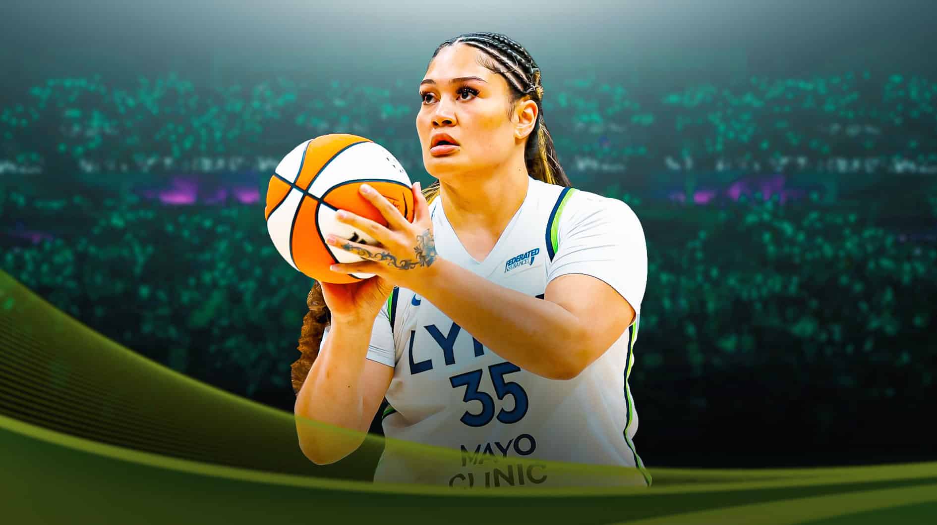 Alissa Pili in her Minnesota Lynx jersey with the Lynx arena in the background, WNBA