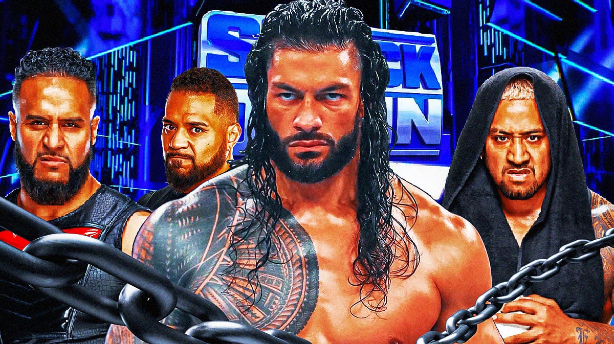 Roman Reigns with WWE SmackDown logo, Tama Tonga, Tanga Loa, and Solo Sikoa around him.