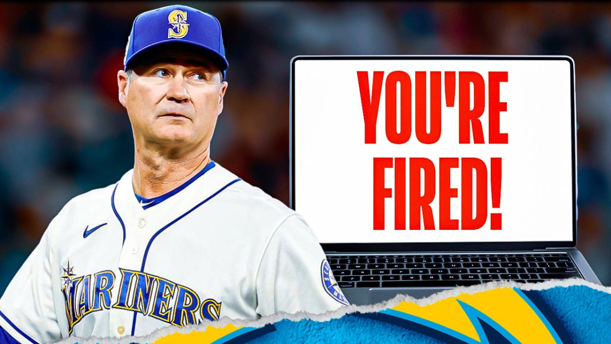 Scott Servais in a Seattle Mariners uniform looking unhappy at a laptop open and the words on the screen read: You're Fired! as Servais found out the Mariners were firing him through a social media alert.