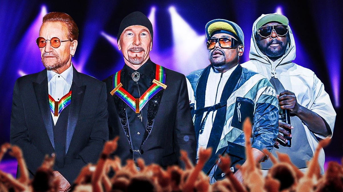 U2 members Bono and the Edge with the Black Eyed Peas' apl.de.ap and Will.i.am.