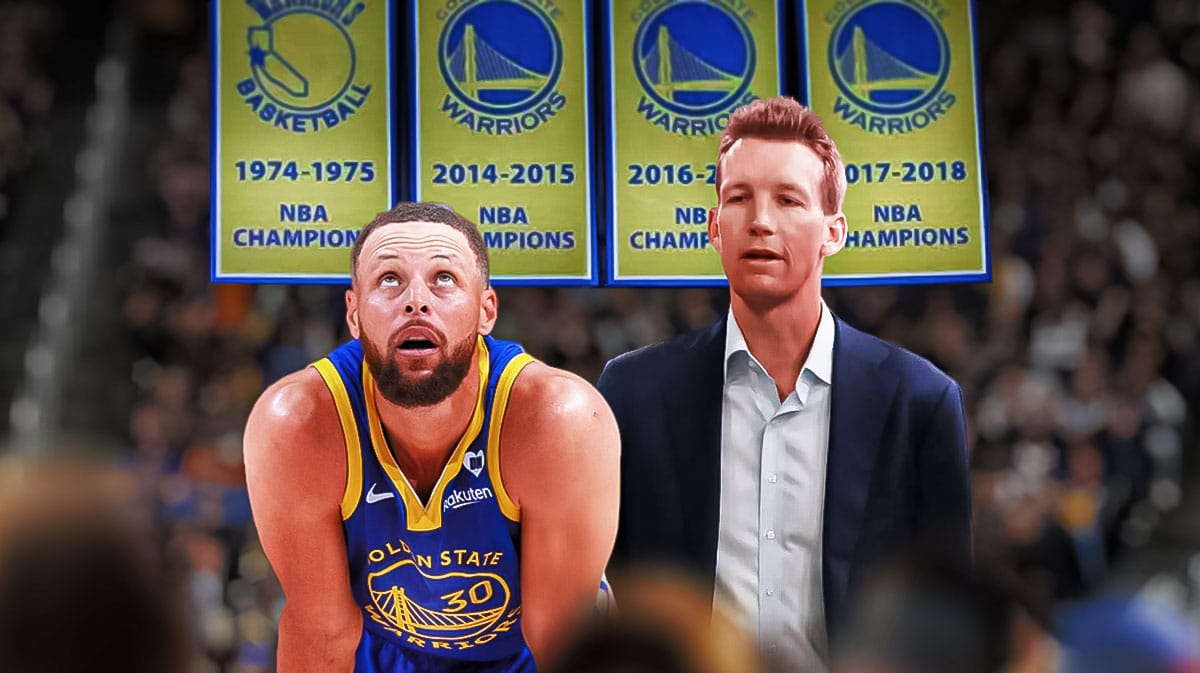 Steph Curry on Golden State Warriors' court looking up at his four Warriors NBA championship banners (2015, 2017, 2018, 2022) next to Golden State Warriors GM Mike Dunleavy