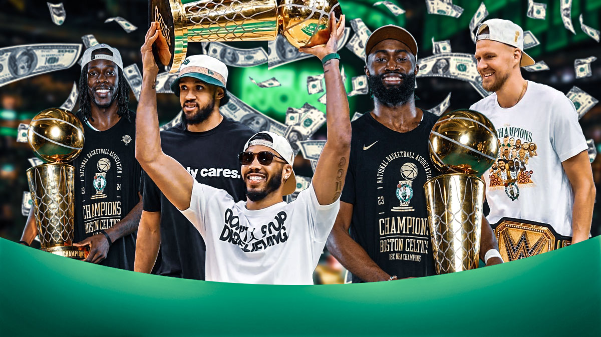 Celtics' Jayson Tatum, Jaylen Brown, Kristaps Porzingis, Derrick White and Jrue Holiday with money around them