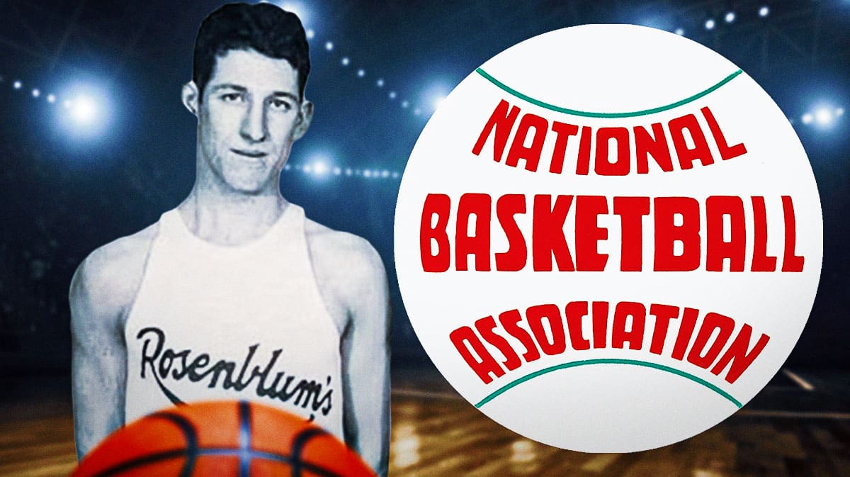 Nat Hickey in a Providence Steamrollers jersey next to an original NBA logo from 1947-49 season.