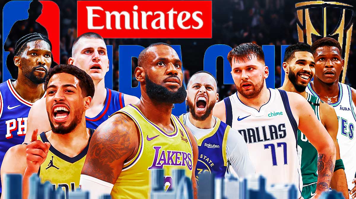 LeBron James, Nikola Jokic, Stephen Curry, Joel Embiid, Luka Doncic, Jayson Tatum, Anthony Edwards, Tyrese Haliburton all together. Emirates NBA Cup 2024 logo front and center. NBA Cup Trophy on the graphic.