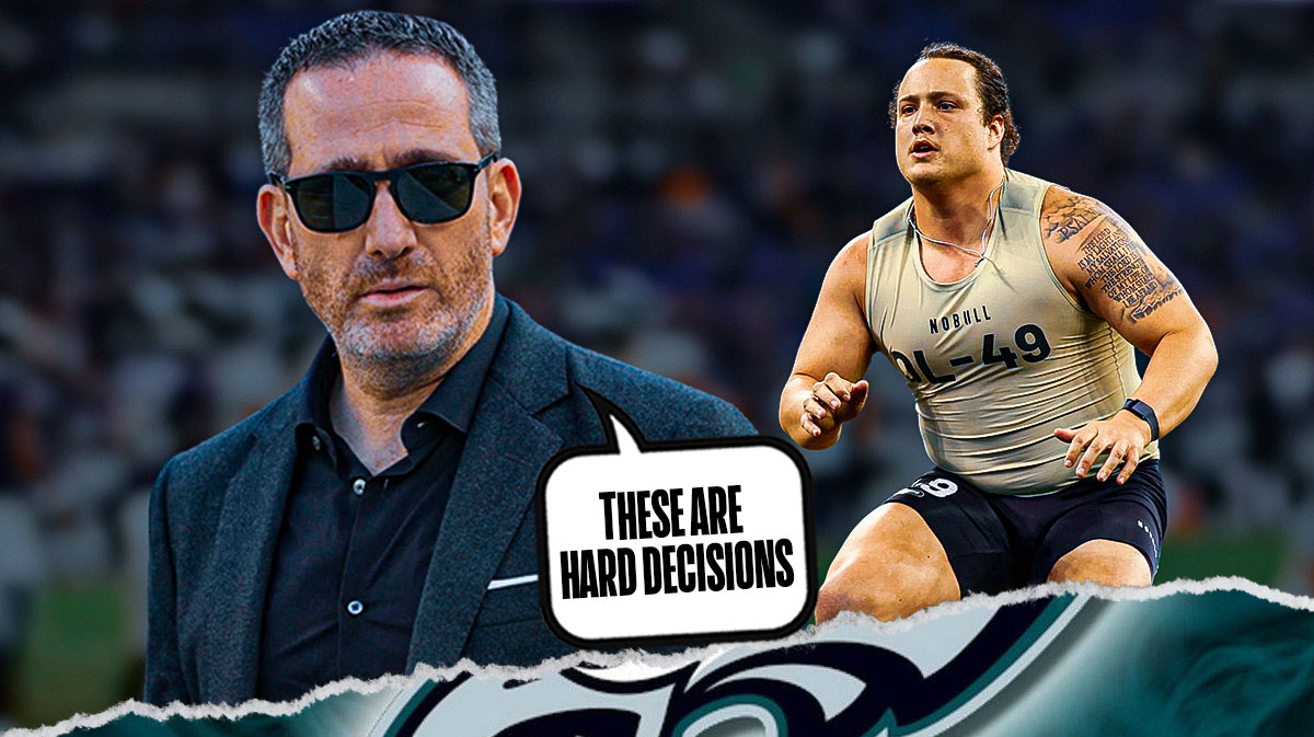 Howie Roseman with a text bubble reading "These are hard decisions" next to Dylan McMahon with Lincoln Financial Field as the background.