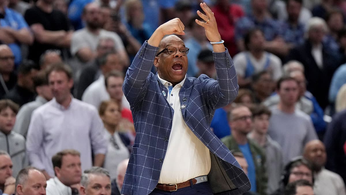 North Carolina Tar Heels head coach Hubert Davis reacts in the second half against the Alabama Crimson Tide in the semifinals of the West Regional of the 2024 NCAA Tournament at Crypto.com Arena.