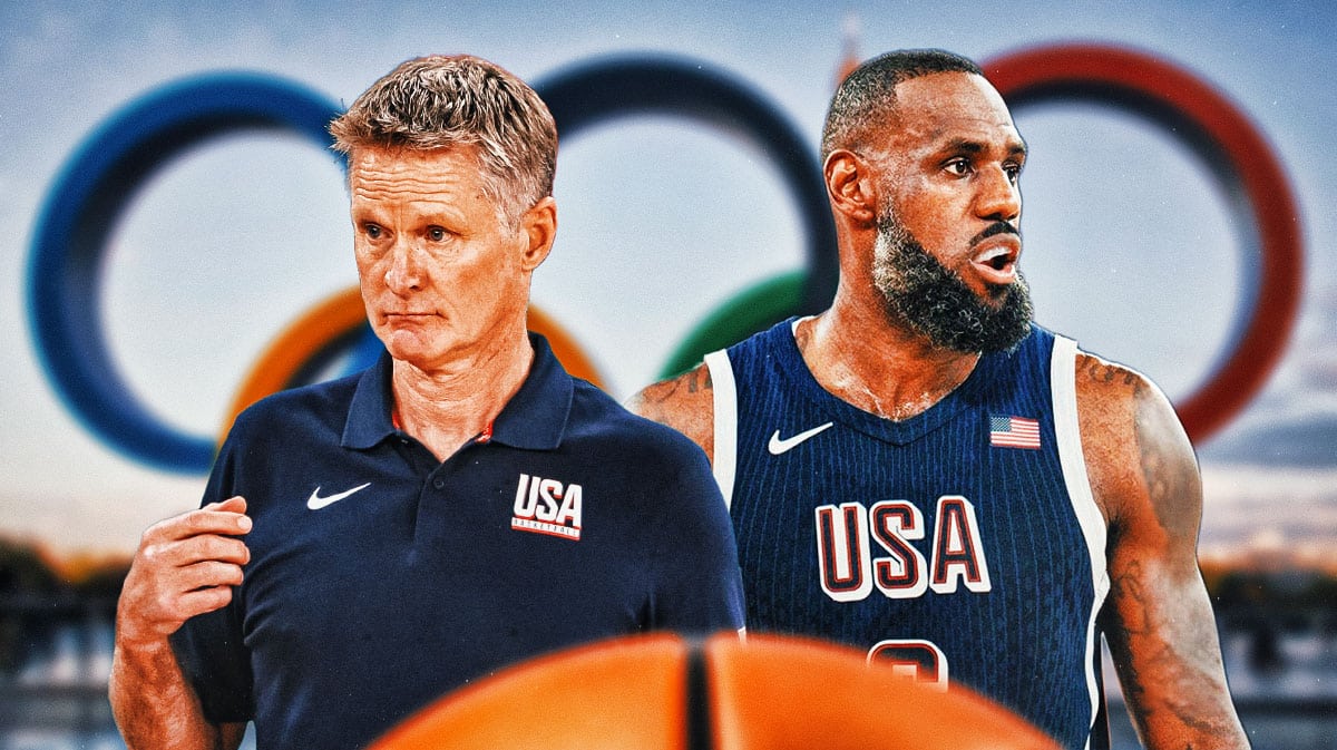 LeBron James in his Team USA basketball jersey alongside Steve Kerr with the Olympics logo in the background