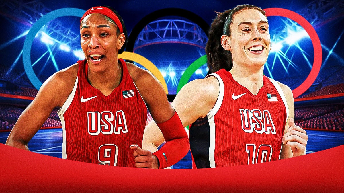 A’ja Wilson and Breanna Stewart in their Team USA basketball jerseys with the Olympics logo in the background, Rebecca Lobo