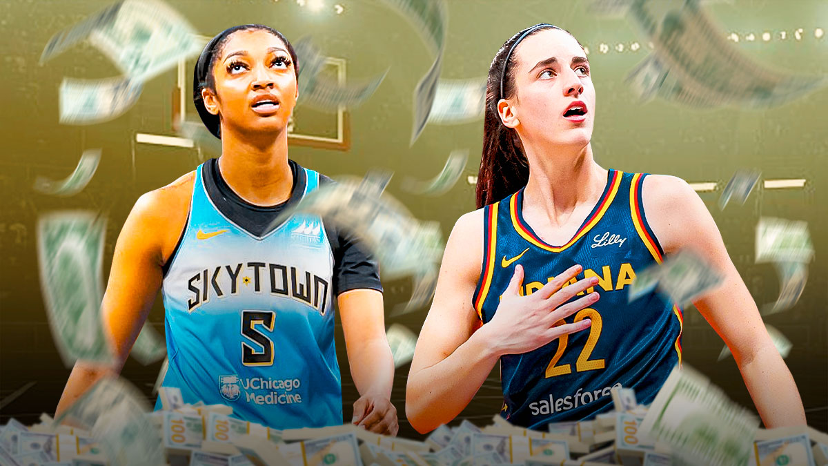 Chicago Sky player Angel Reese opposite Indiana Fever player Caitlin Clark. Have dollar signs and dollar bills floating around/above them.