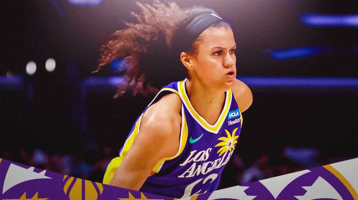 LA Sparks player Rae Burrell with the LA Sparks arena in the background, WNBA season