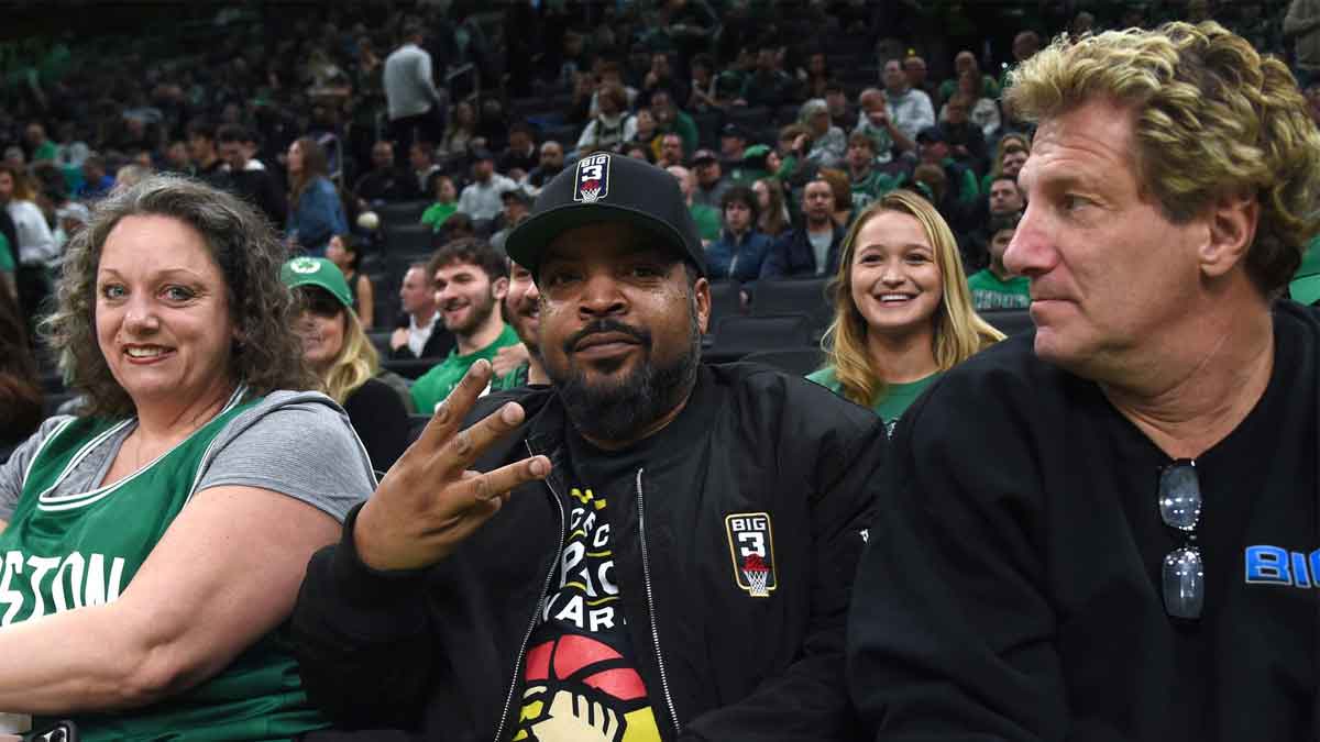 American rapper songwriter and actor Ice Cube poses for a photo during the first half in a game between the Boston Celtics and Houston Rockets at TD Garden.