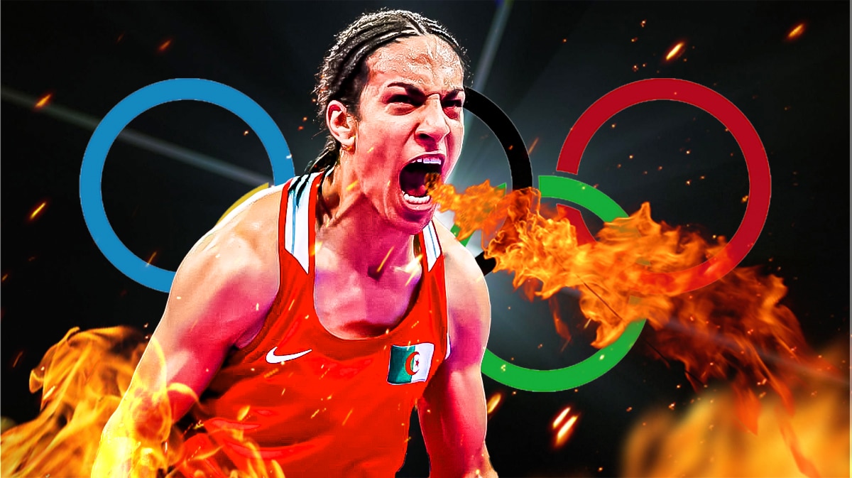 Imane Khelif breathing fire. 2024 Olympics logo in background.