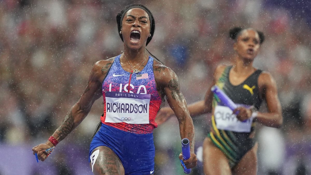 Sha'carri Richardson (USA) celebrates after winning in the women's 4x100m relay final during the Paris 2024 Olympic Summer Games at Stade de France