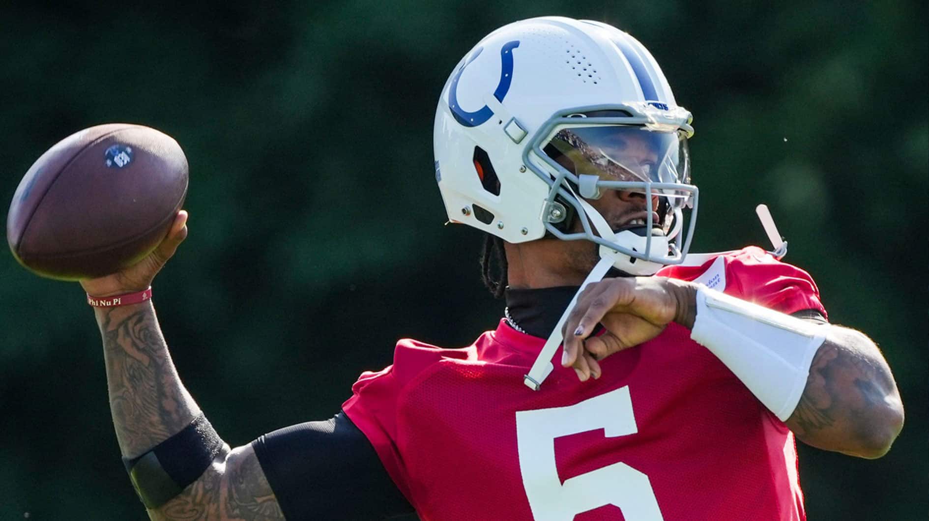 Indianapolis Colts quarterback Anthony Richardson (5) throws a pass while warming up Saturday, July 27, 2024, during the Indianapolis Colts’ training camp at Grand Park Sports Complex in Westfield.