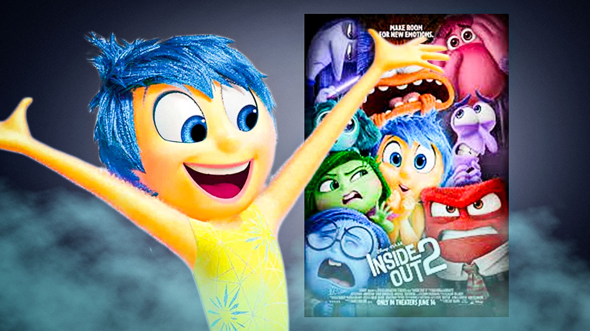 Joy next to Inside Out 2 poster.