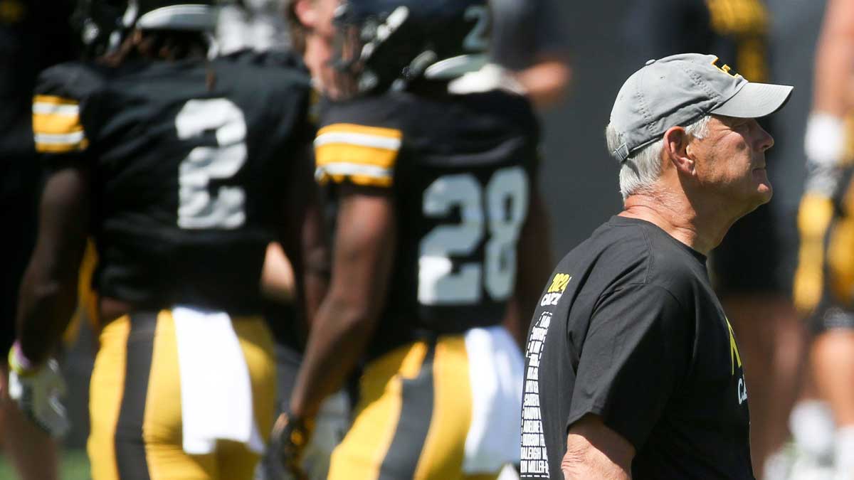 Iowa Head Coach Kirk Ferentz watches during Kids Day at Kinnick Saturday, Aug. 10, 2024 at Kinnick Stadium in Iowa City, Iowa.
