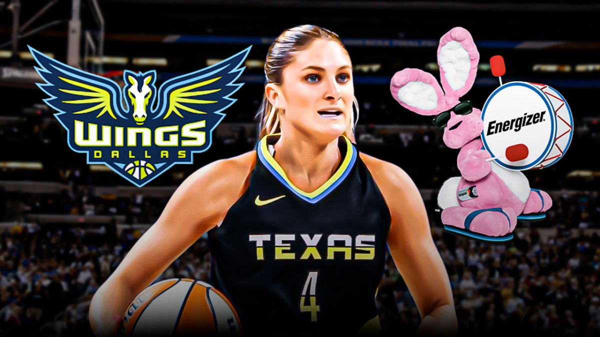 Wings Jacy Sheldon in middle. Dallas Wings 2024 logo on left. The Energizer Bunny on right.