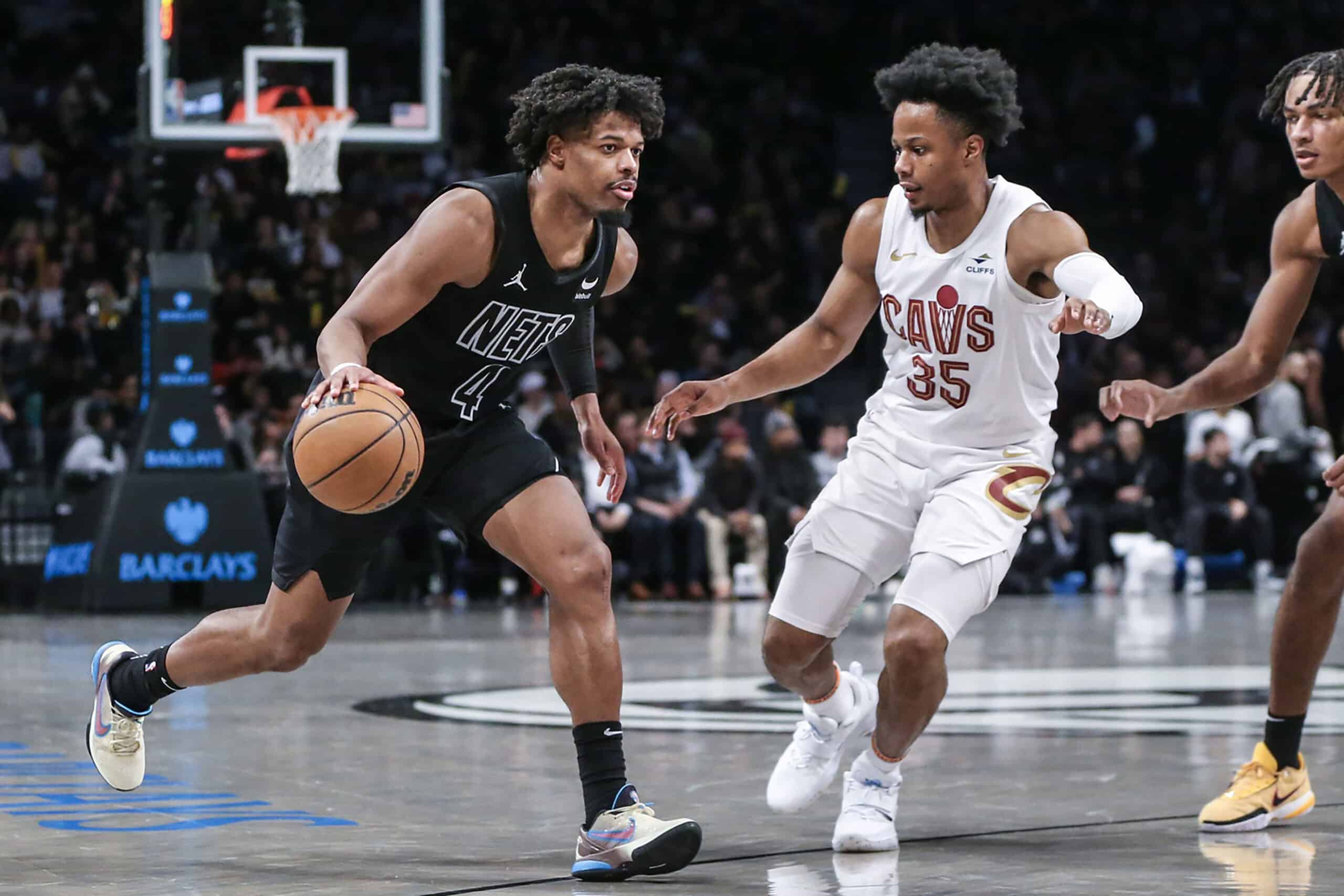 Brooklyn Nets guard Dennis Smith Jr. (4) looks to drive past Cleveland Cavaliers forward Isaac Okoro (35) in the fourth quarter at Barclays Center. 