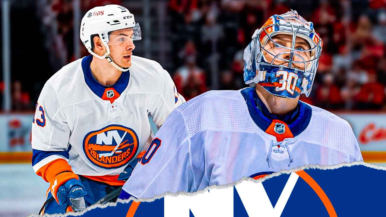 Ilya Sorokin and Mathew Barzal in front of NY Islanders logo