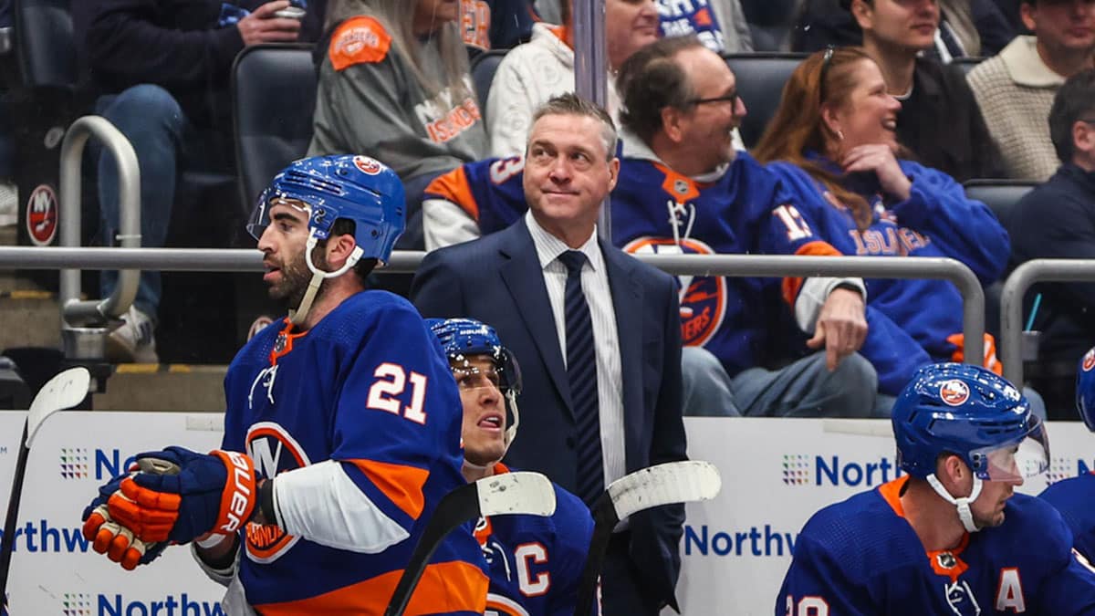New York Islanders head coach Patrick Roy in game four of the first round of the 2024 Stanley Cup Playoffs at UBS Arena.