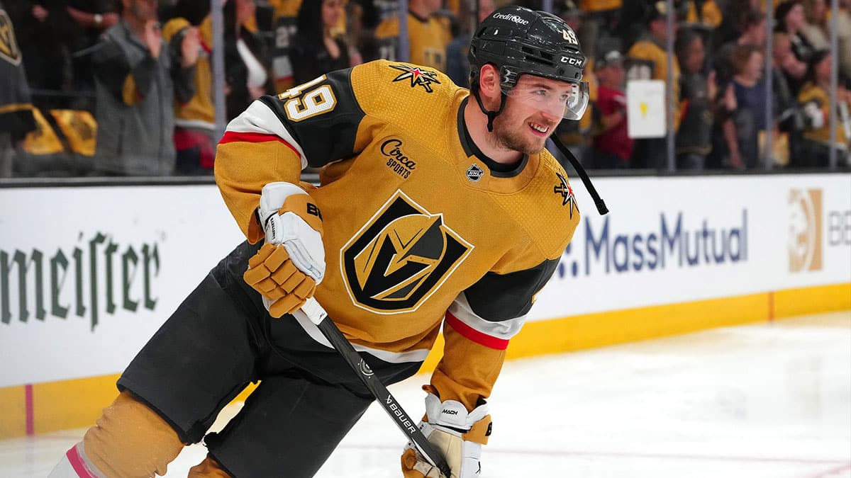 Vegas Golden Knights center Ivan Barbashev (49) warms up before the start of game six against the Dallas Stars in the first round of the 2024 Stanley Cup Playoffs at T-Mobile Arena