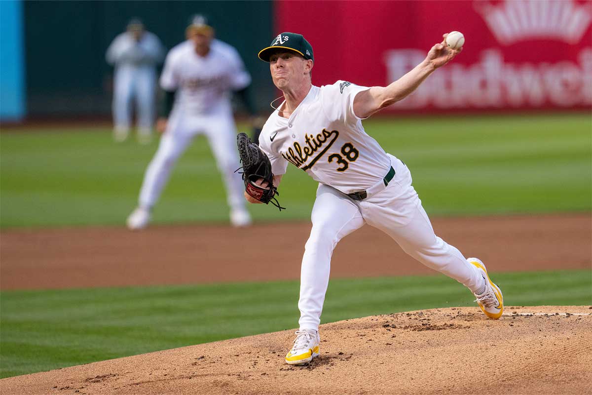 Oakland Athletics starting pitcher JP Sears (38) delivers a pitch against the Chicago White Sox during the first inning at Oakland-Alameda County Coliseum.