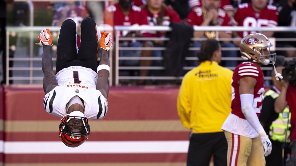Cincinnati Bengals wide receiver Ja'Marr Chase (1) flips after scoring a touchdown in the fourth quarter of the NFL game between the Cincinnati Bengals and the San Francisco 49ers at Levi Stadium in Santa Clara, Calif., on Sunday, Oct 29, 2023.