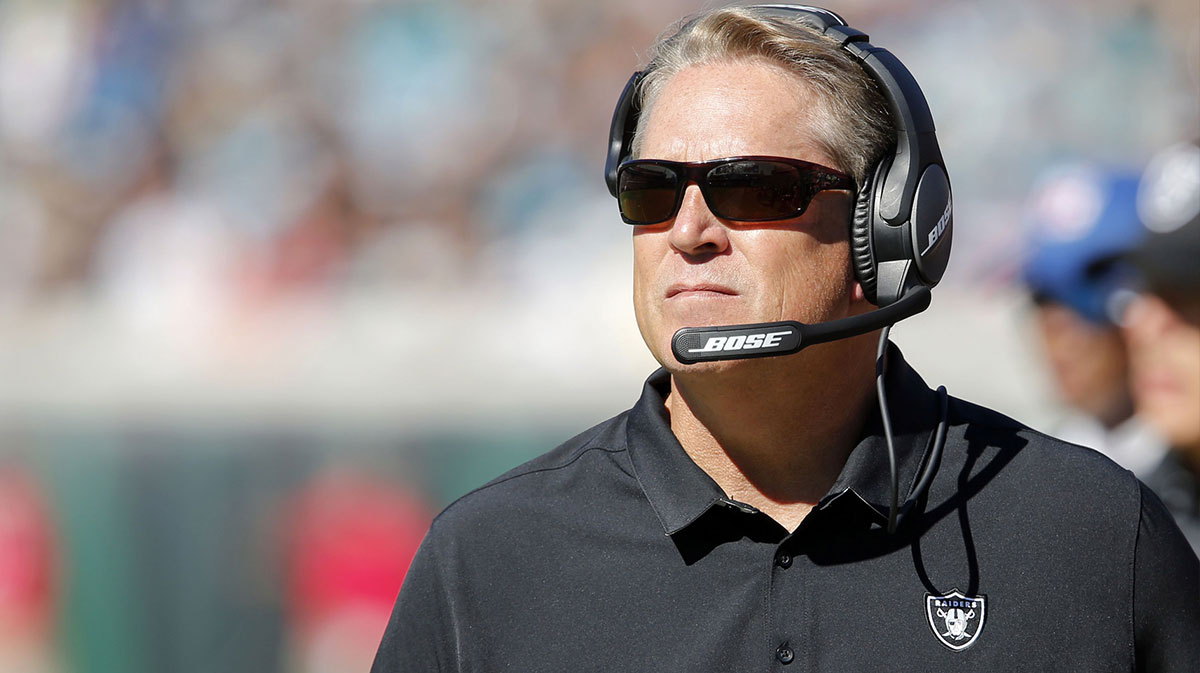 Oakland Raiders head coach Jack Del Rio looks at his defensive set up during the second half of a football game against the Jacksonville Jaguars at EverBank Field. The Raiders won 33-16.