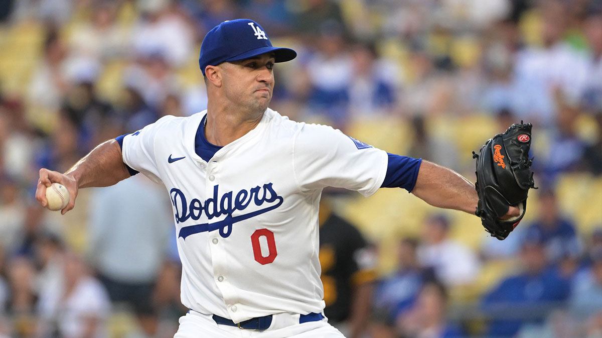 Dodgers starting pitcher Jack Flaherty (0) delivers to the plate in the first inning against the Pittsburgh Pirates at Dodger Stadium. 