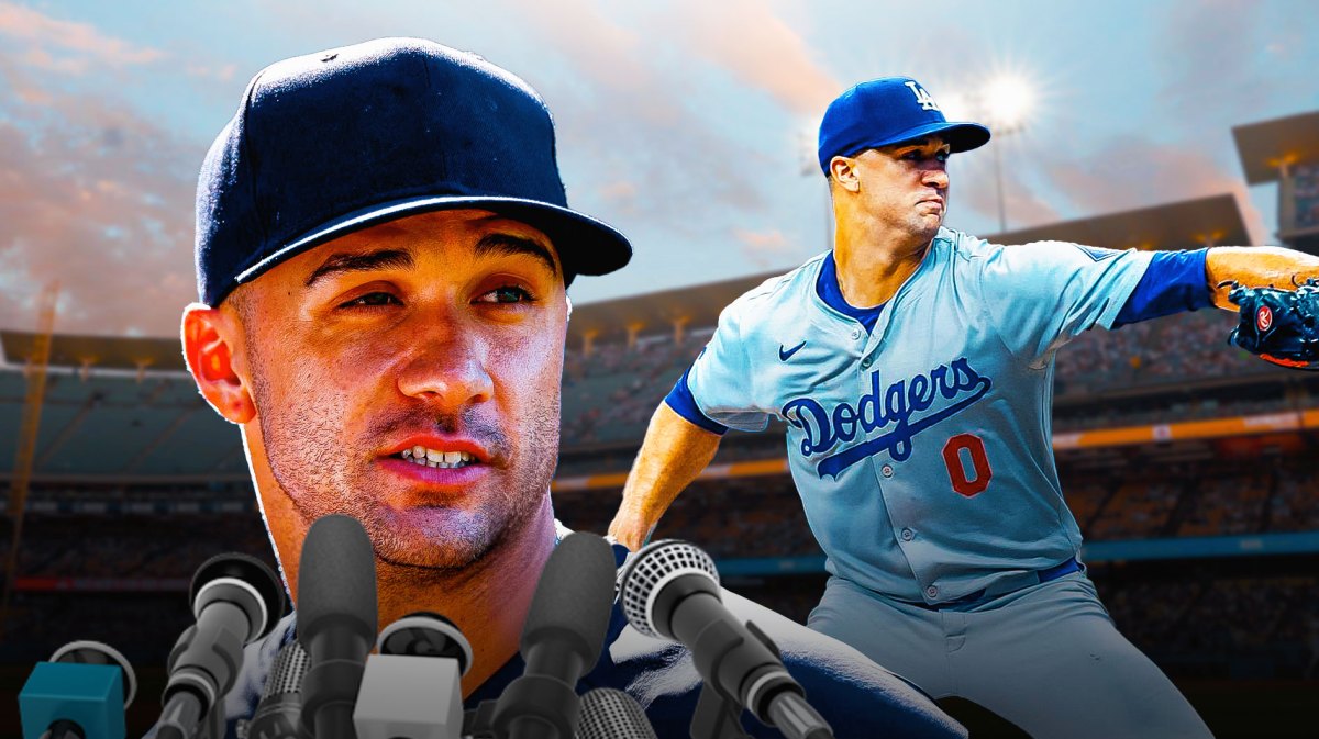 Dodgers Jack Flaherty on right with microphones in front of him so it looks like he is being interviewed. On left, Dodgers Jack Flaherty pitching a baseball.