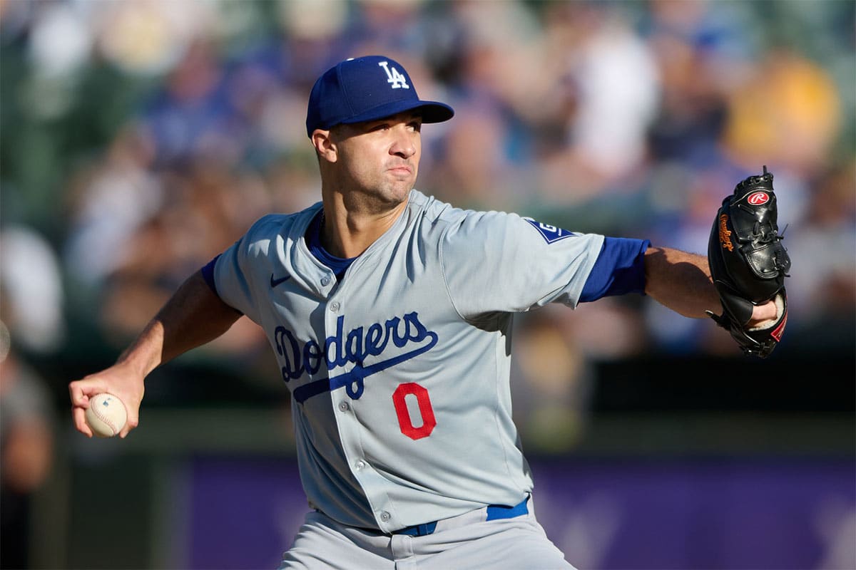 Los Angeles Dodgers starting pitcher Jack Flaherty (0) against the Oakland Athletics during the first inning at Oakland-Alameda County Coliseum.