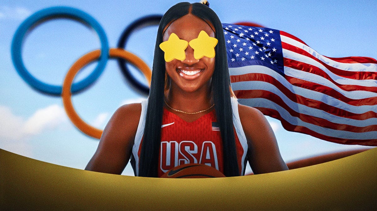 Team USA women's basketball player Jackie Young, in a Team USA jersey, with the American flag behind her and the Olympic rings, with stars in her eyes