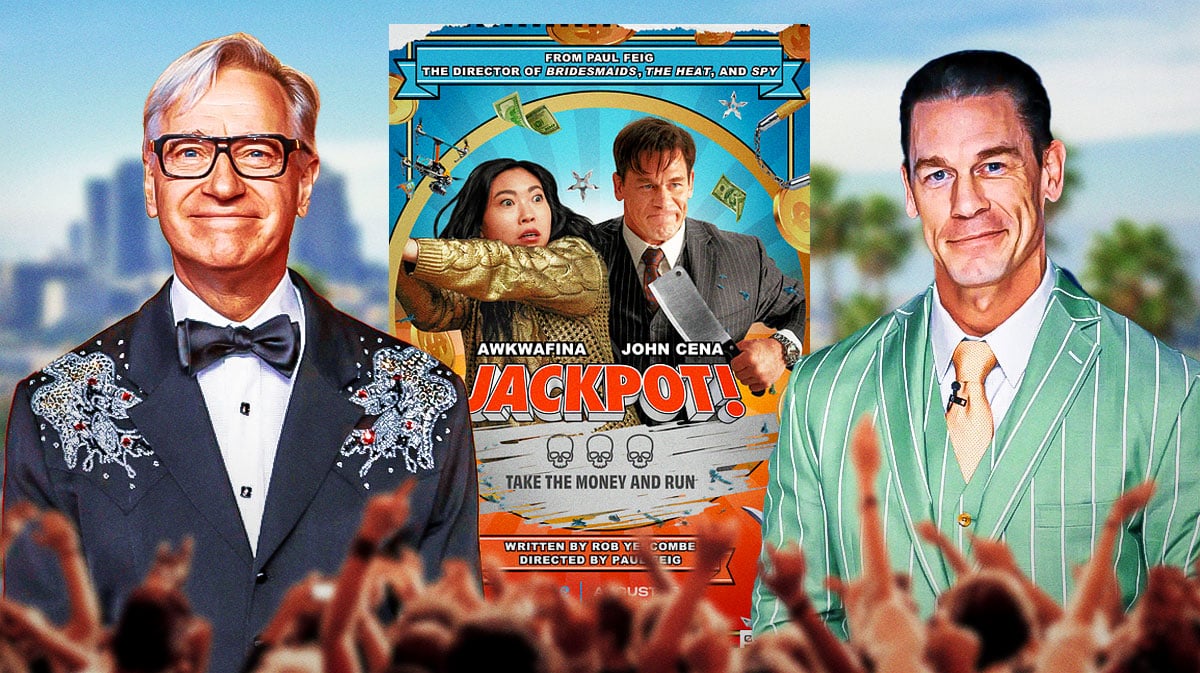 Paul Feig and John Cena with Jackpot! movie poster.