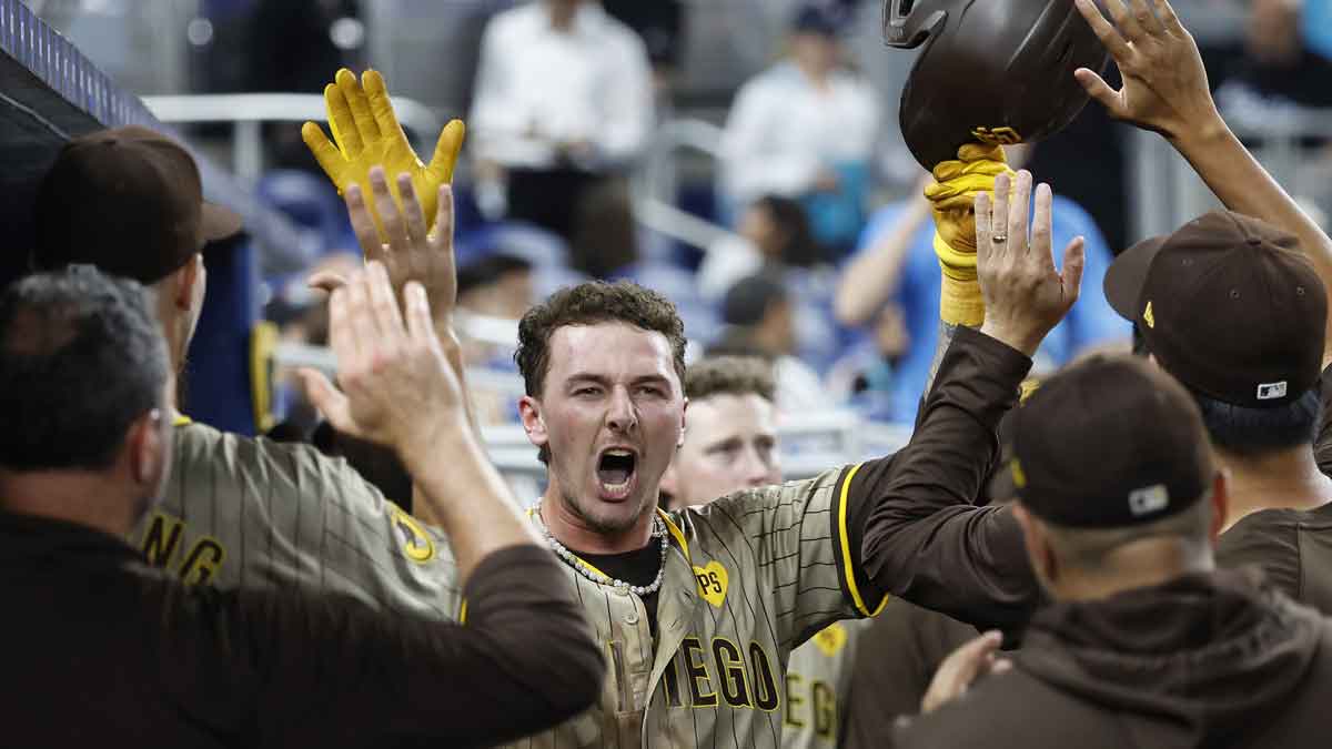 Aug 9, 2024; Miami, Florida, USA; San Diego Padres center fielder Jackson Merrill (3) celebrates his home run against the Miami Marlins in the ninth inning at loanDepot Park. 