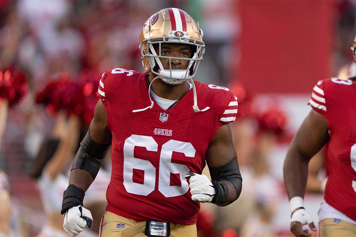 San Francisco 49ers defensive end Breeland Speaks (66) runs out of the tunnel before the start of the first quarter against the Los Angeles Chargers at Levi's Stadium. 